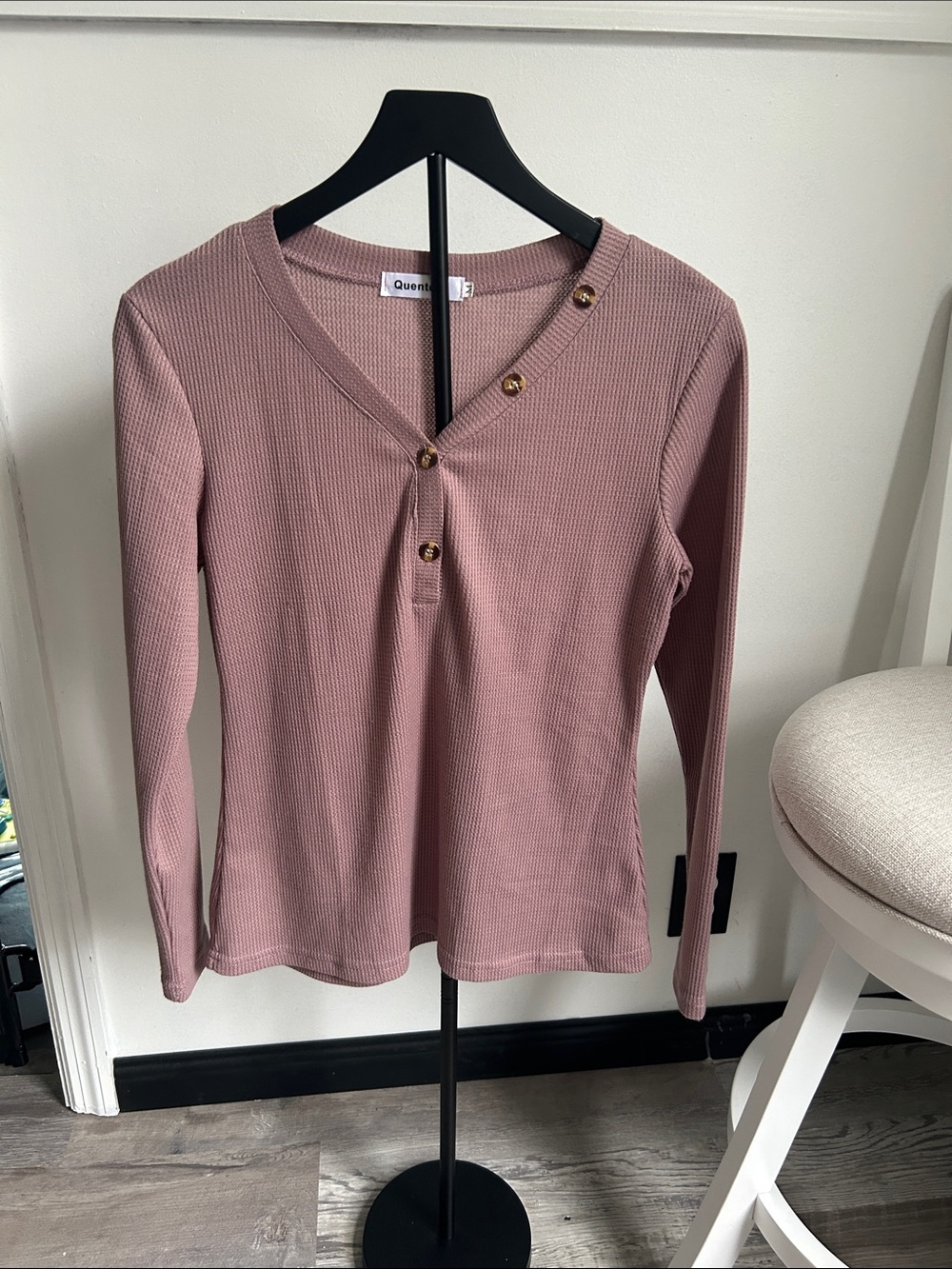 Waffle Button-Detail Long Sleeve Top in Mauve